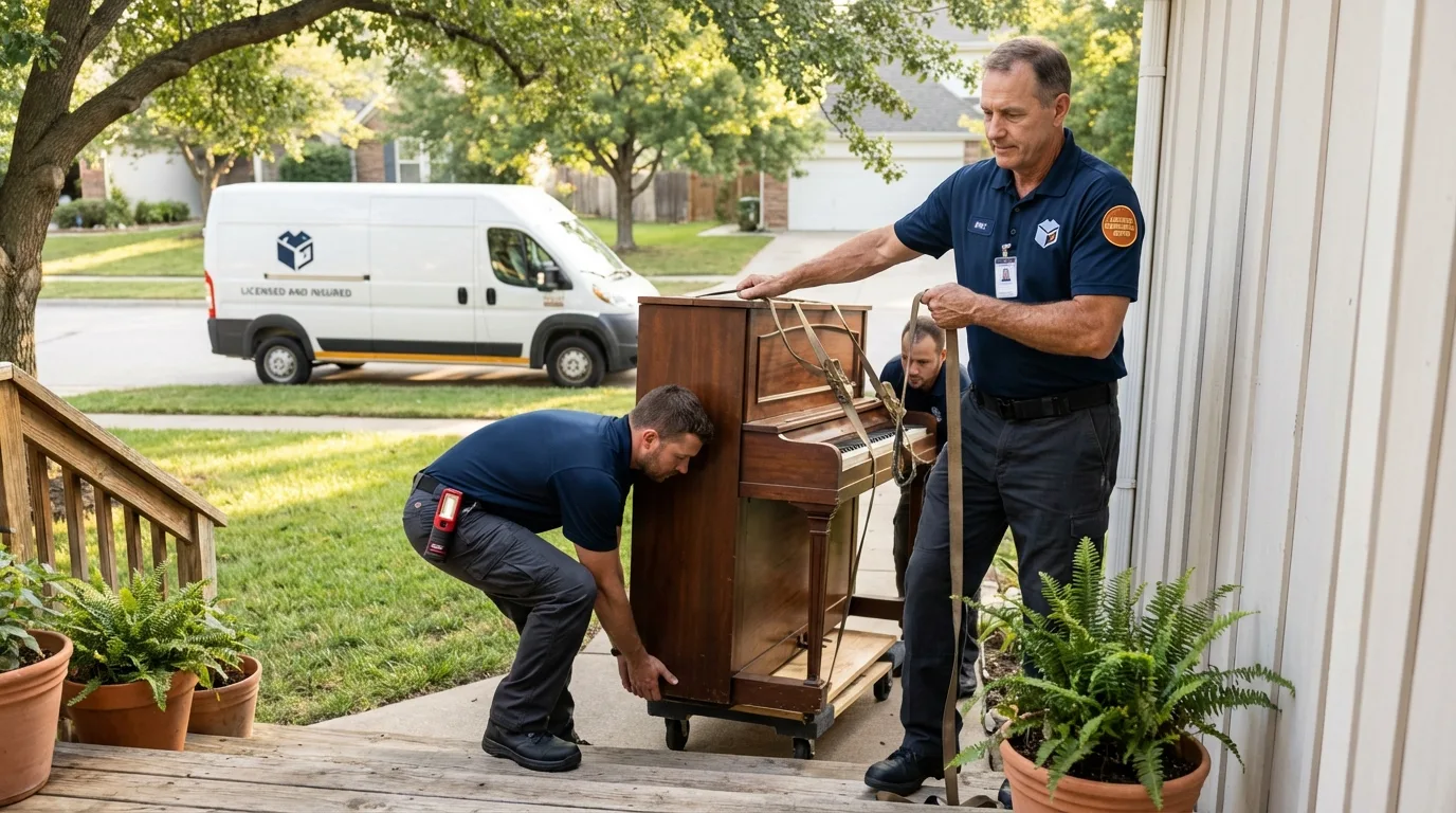 Licensed piano movers securing grand piano in Charlestown, NH