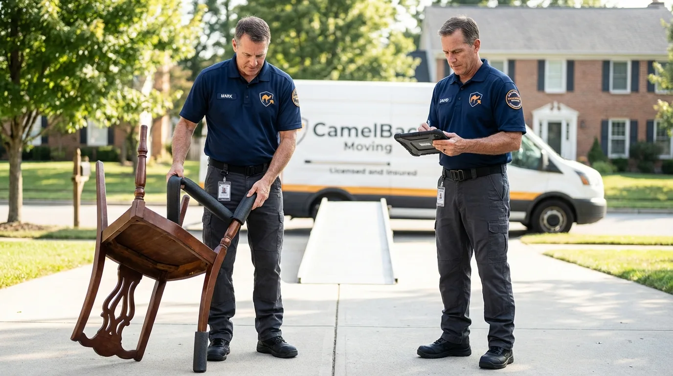 Movers inspecting furniture for damage prevention before loading in Charlestown, NH