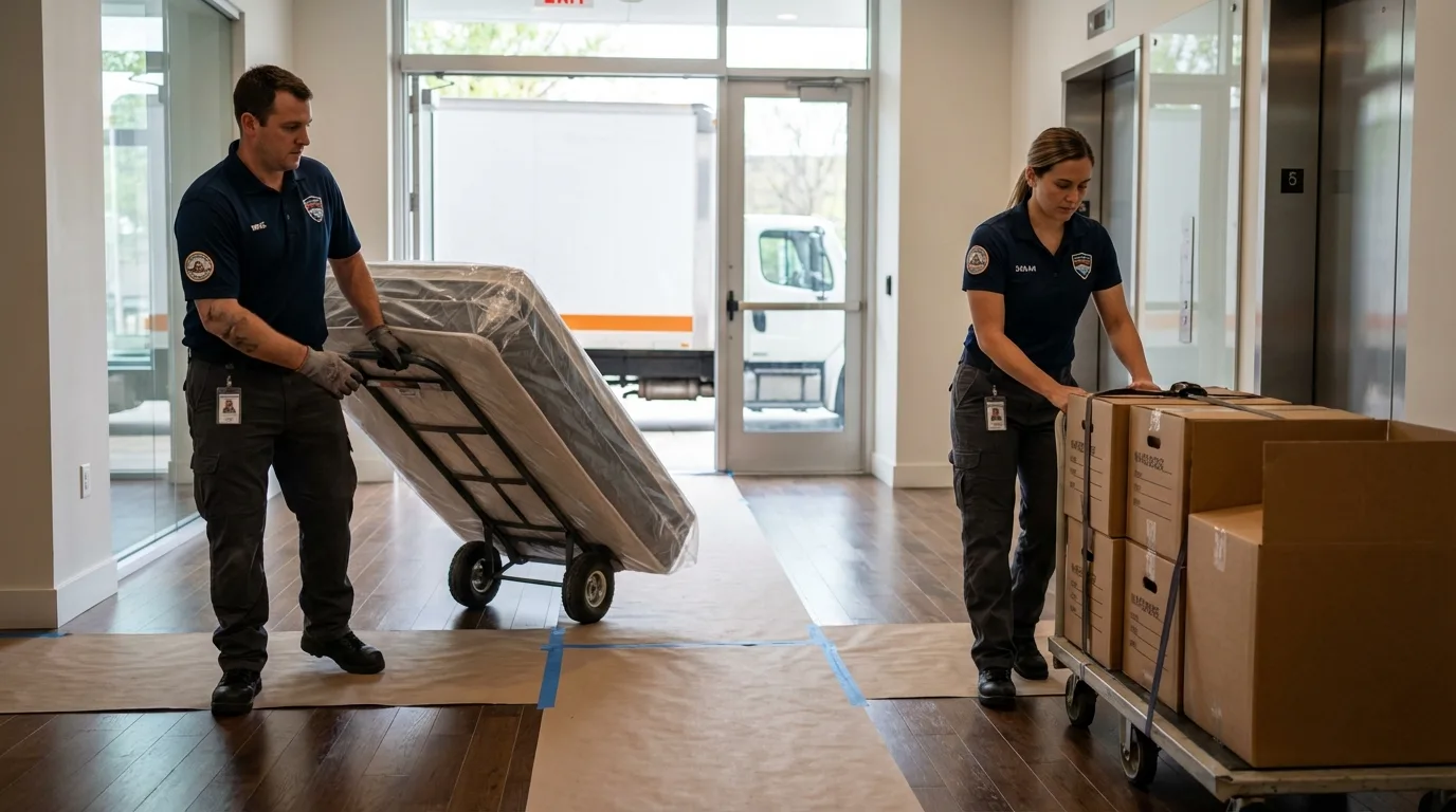 Professional apartment movers loading elevator in Charlestown, NH
