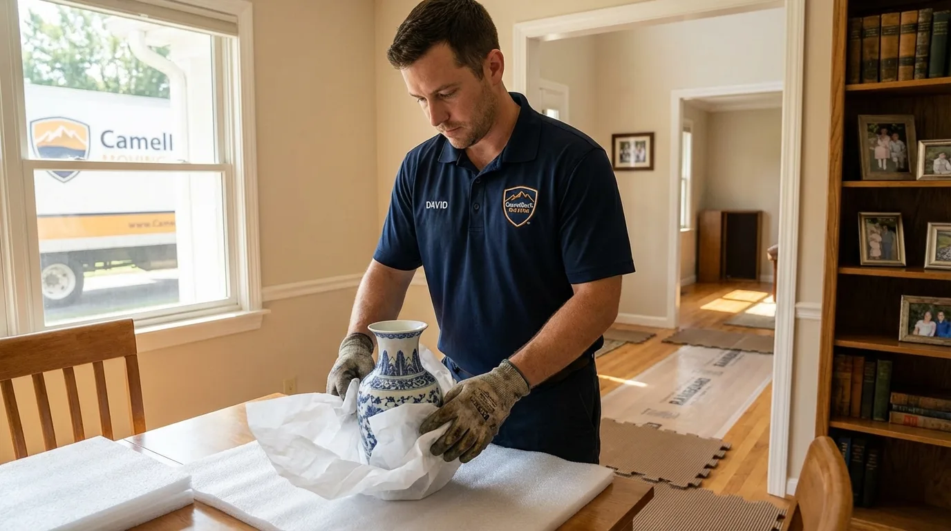 Professional crew carefully wrapping antique vase for senior downsizing move in Charlestown, NH