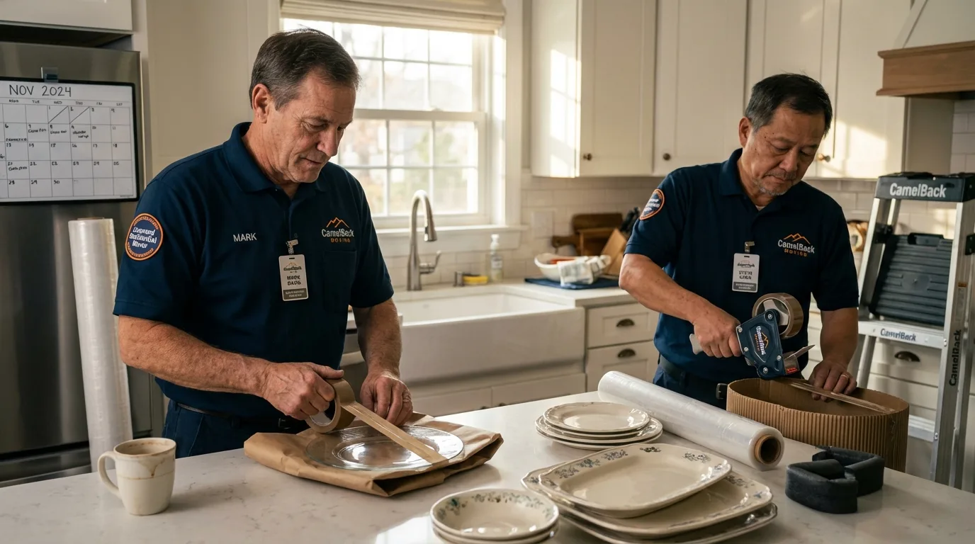 Professional crew packing kitchen dishware in Charlestown, NH